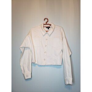 INC Womens L Jean Jacket Off White Denim Button Snap Front Long Sleeve Cropped